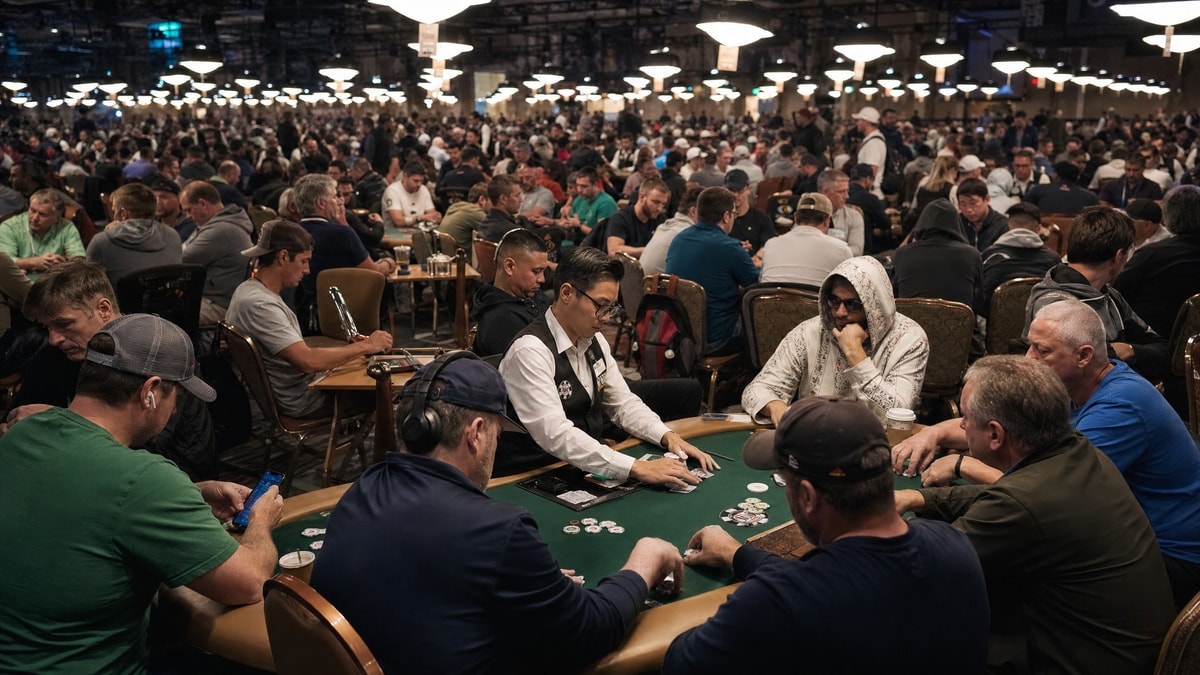 A crowded WSOP Main Event tournament floor in Las Vegas during a late day of play