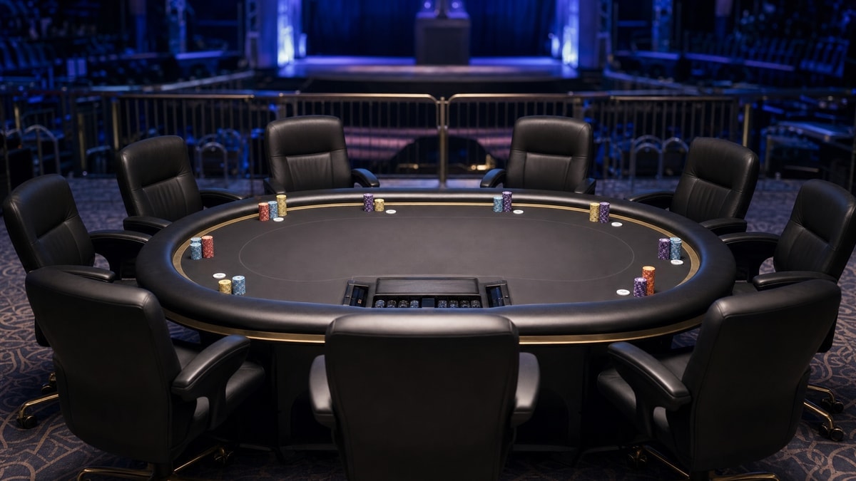 An empty nine-handed poker final table set up under stage lighting