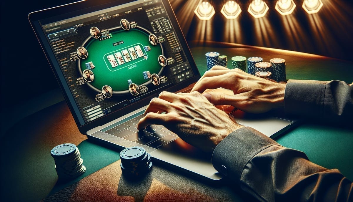 Online poker player engaged in multiple BLAST games on laptop