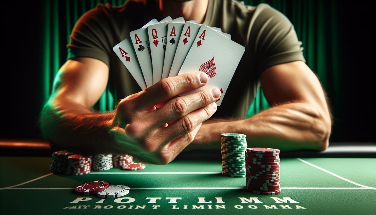 Player holding PLO cards at poker table