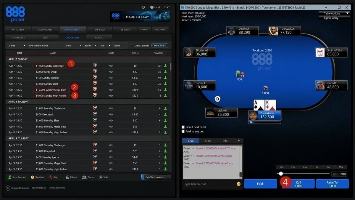 888poker tournament lobby showing overlay amounts compared to player counts