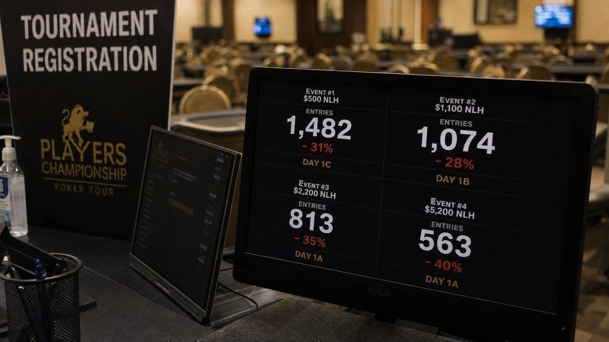 Tournament registration desk showing lower than expected player numbers
