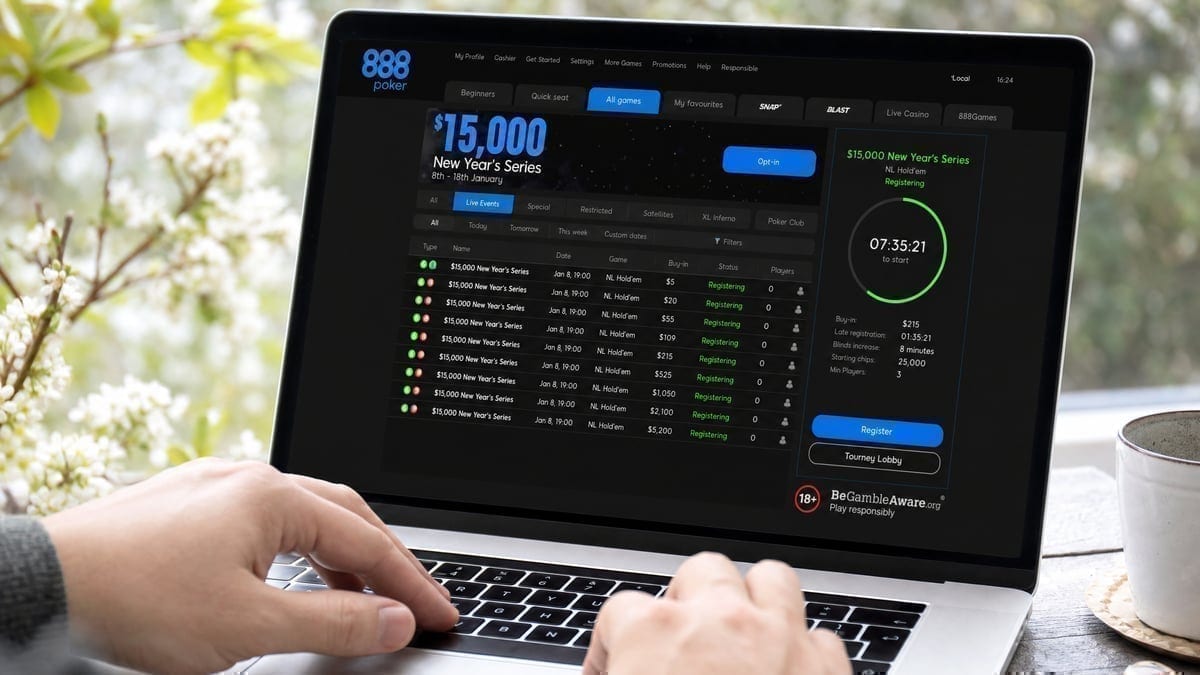 Player browsing 888poker XL Spring Series tournament lobby