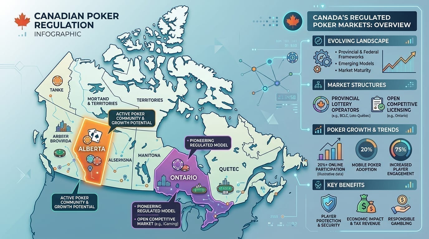 Map showing Alberta and Ontario's regulated poker markets in Canada