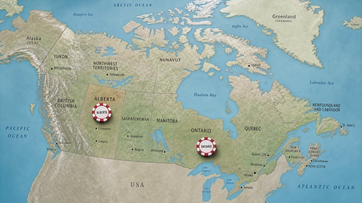 Map showing Alberta and Ontario provinces with poker chip icons