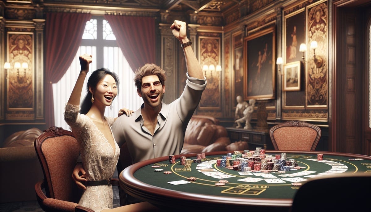 Poker couple celebrating tournament victory at felt table