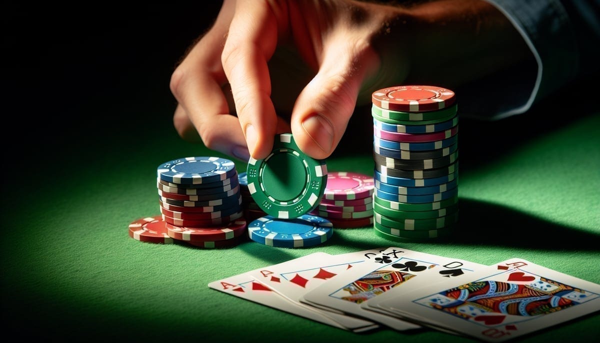 Poker chips and folded cards on table representing difficult decision