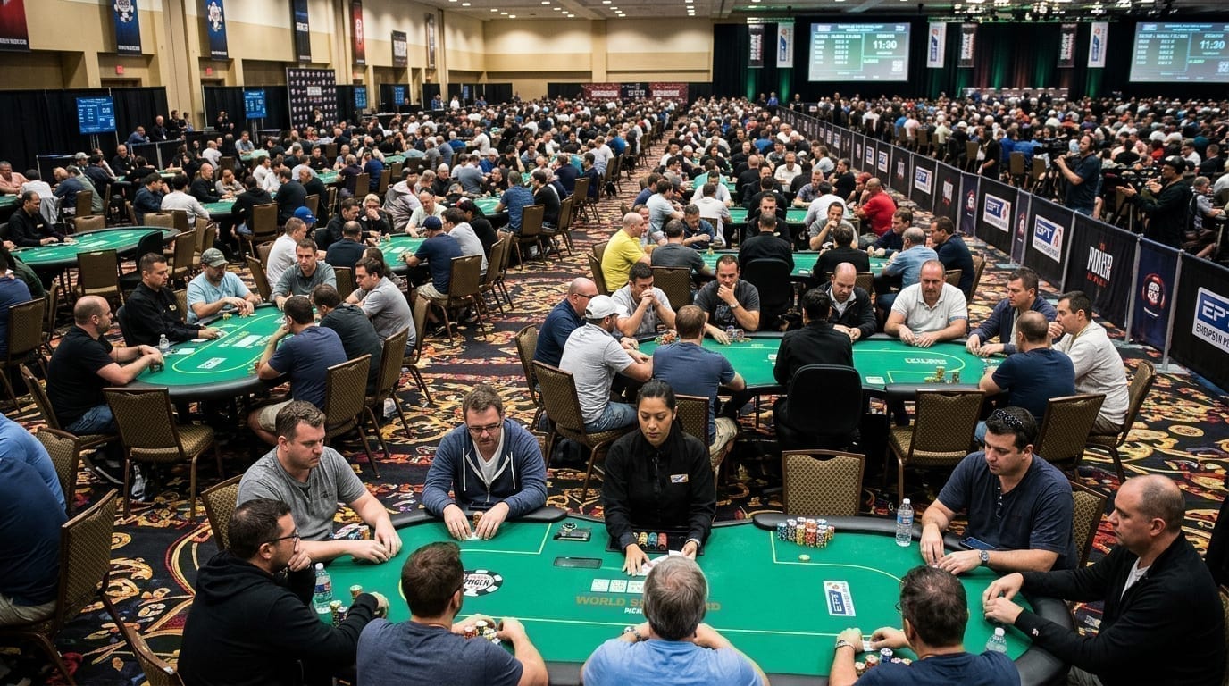 Modern poker tournament floor with multiple tables
