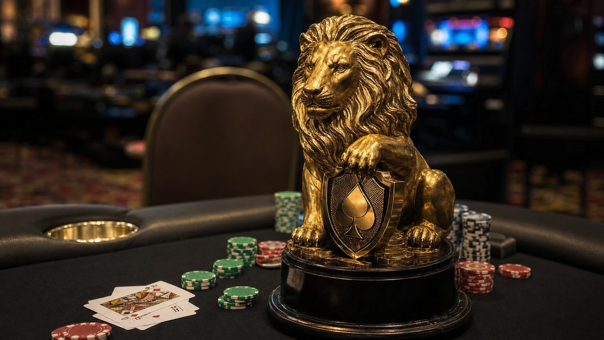 A Lion trophy sits on a poker table beside stacked chips at an Asian Poker Tour event