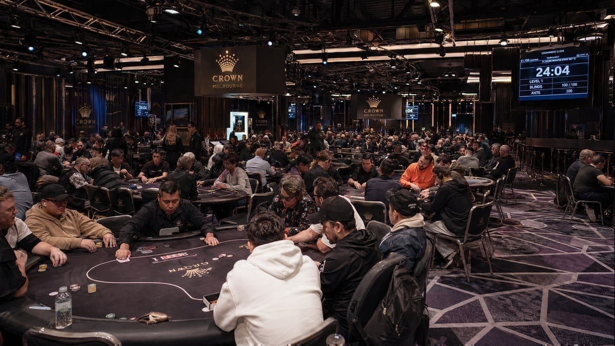 Packed tournament floor at Crown Melbourne during Aussie Millions 2026