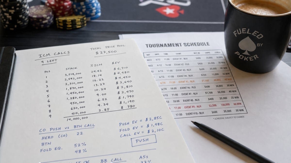 Tournament strategy preparation materials on a player's desk