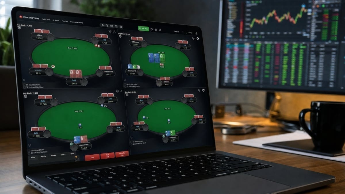 Online poker platform displayed on laptop with financial data visible