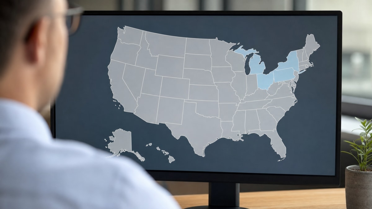 Screen showing four US states highlighted, representing BetRivers' multi-state poker footprint