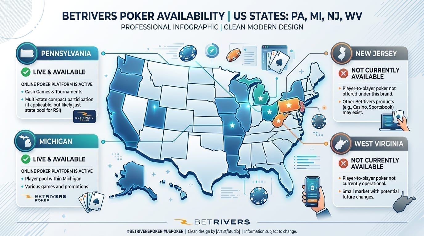 US map showing BetRivers Poker availability by state