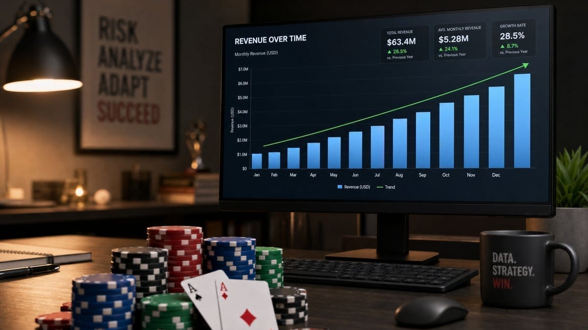 Revenue growth chart displayed on computer screen with poker elements