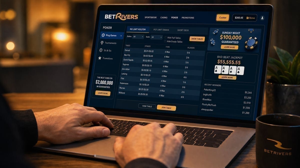 Online poker player at laptop showing BetRivers poker lobby