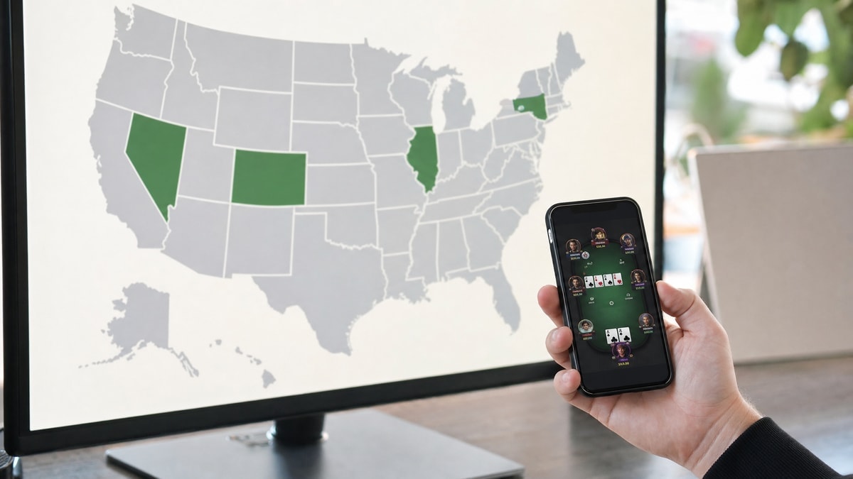 A player checking an online poker promotion on a phone with a US map of regulated states visible