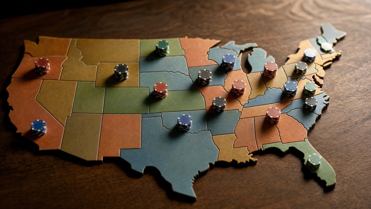 Poker chips arranged over a regional US layout suggesting small-state online poker connections
