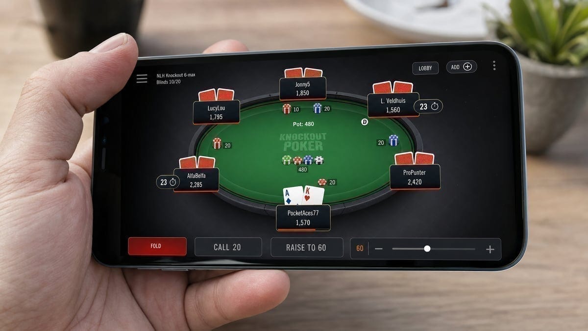 Mobile poker player checking tournament lobby on smartphone
