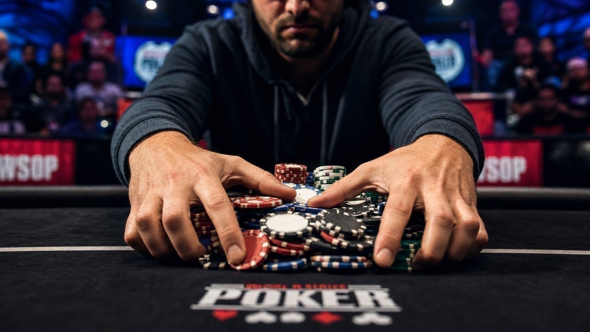 Poker player going all-in with chip stack