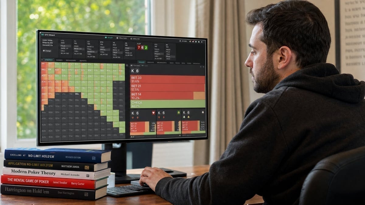 Poker player studying ICM solver software at desk