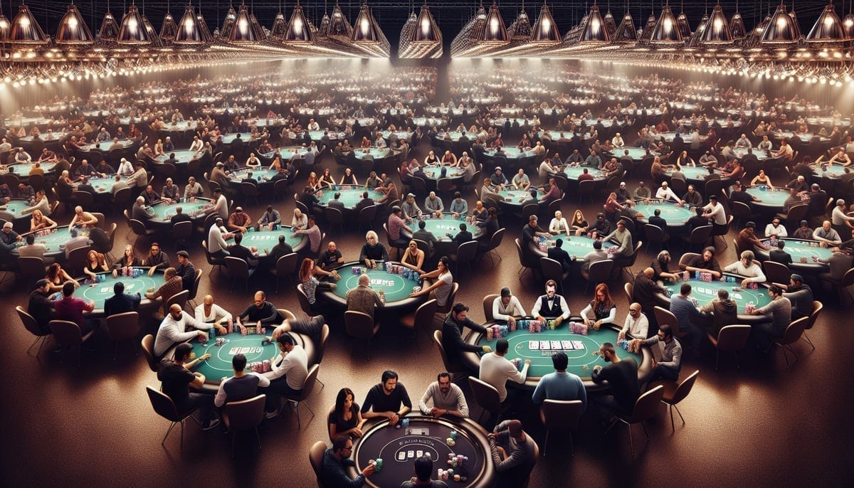 Busy poker tournament floor showing multiple tables and dealers in action
