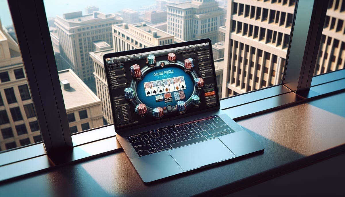 Laptop displaying online poker with DC landmarks in background