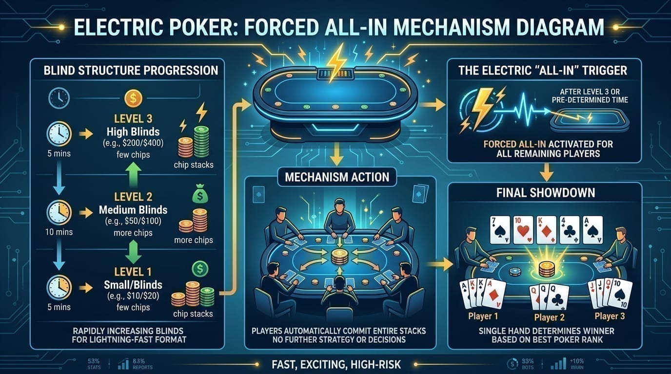 Electric Poker's forced all-in mechanism after three levels