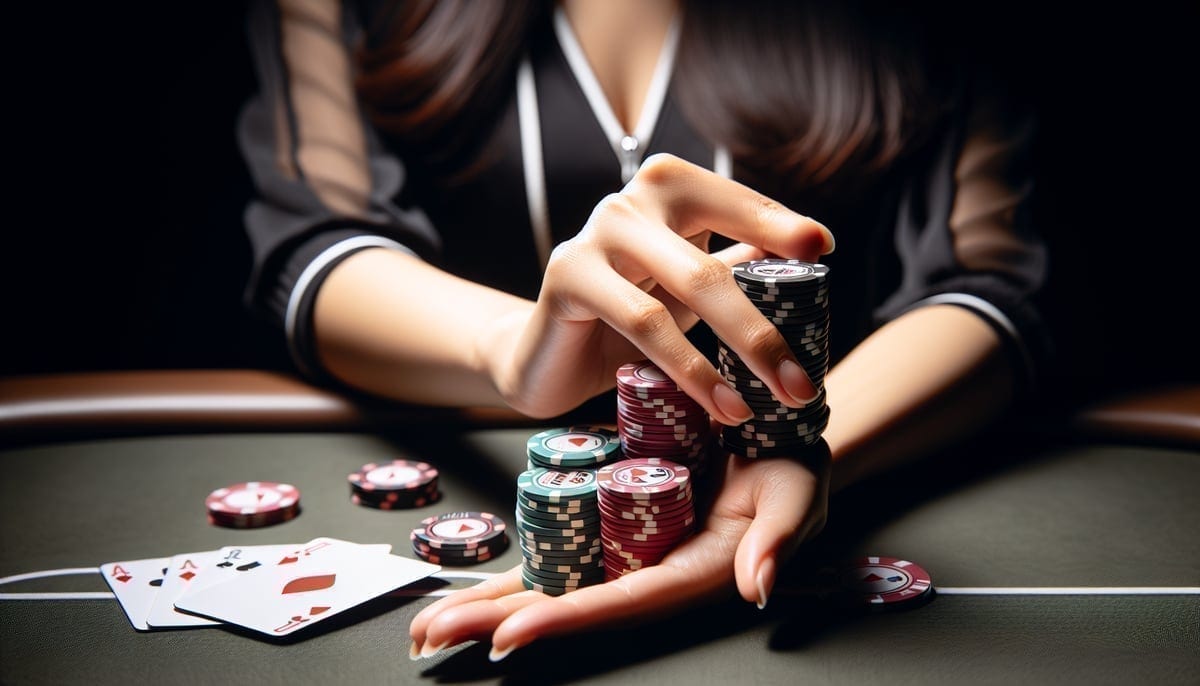 Poker player going all-in during tournament action
