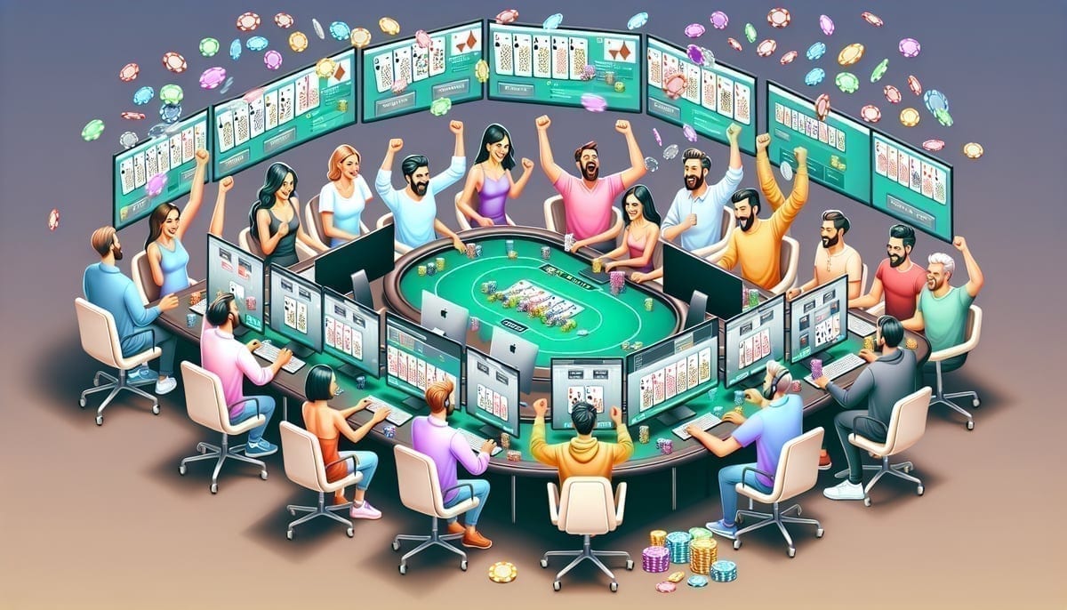 Online poker players celebrating freeroll victory