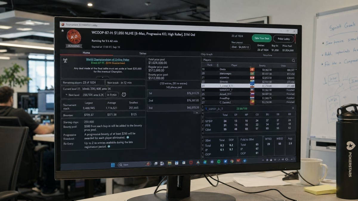 Online poker tournament lobby displaying overlay statistics