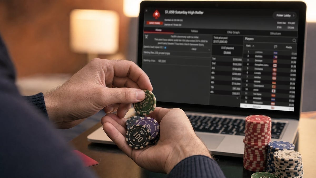 Poker player reviewing tournament guarantees on laptop