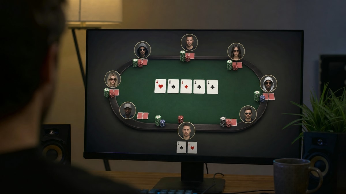 An online poker cash game table on a computer monitor representing a shared player pool