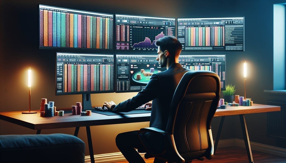 Poker player studying tournament data on computer screens