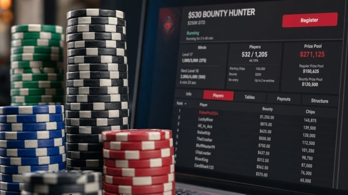 Poker chips next to computer screen displaying online tournament