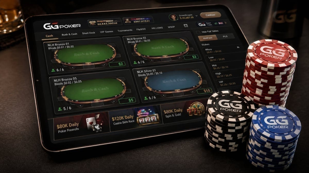 Poker chips stacked next to tablet displaying GGPoker cash game tables