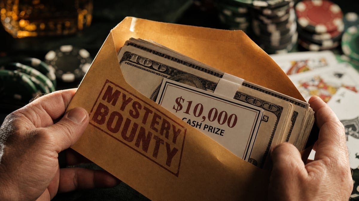 Mystery bounty envelope being opened at poker table