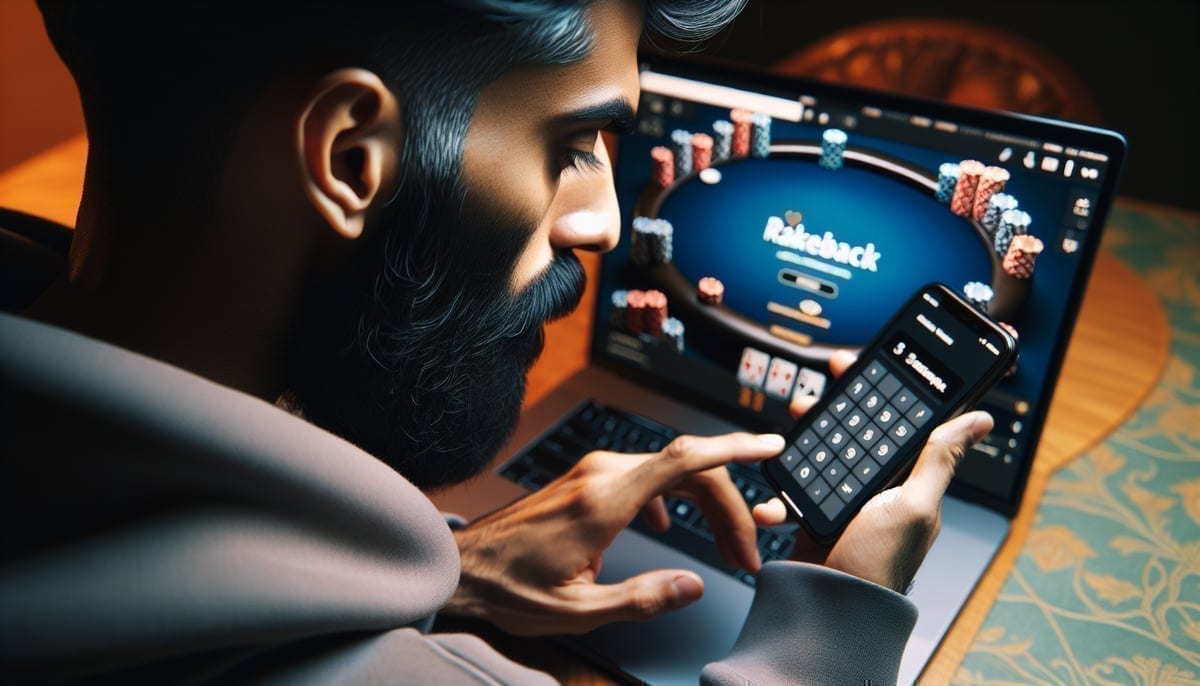 Player calculating rakeback returns on smartphone with poker software visible