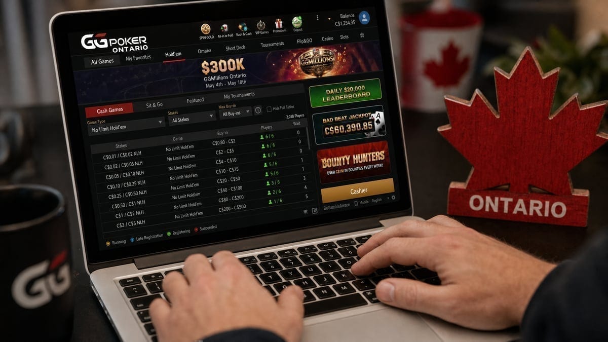 Player accessing GGPoker Ontario on laptop