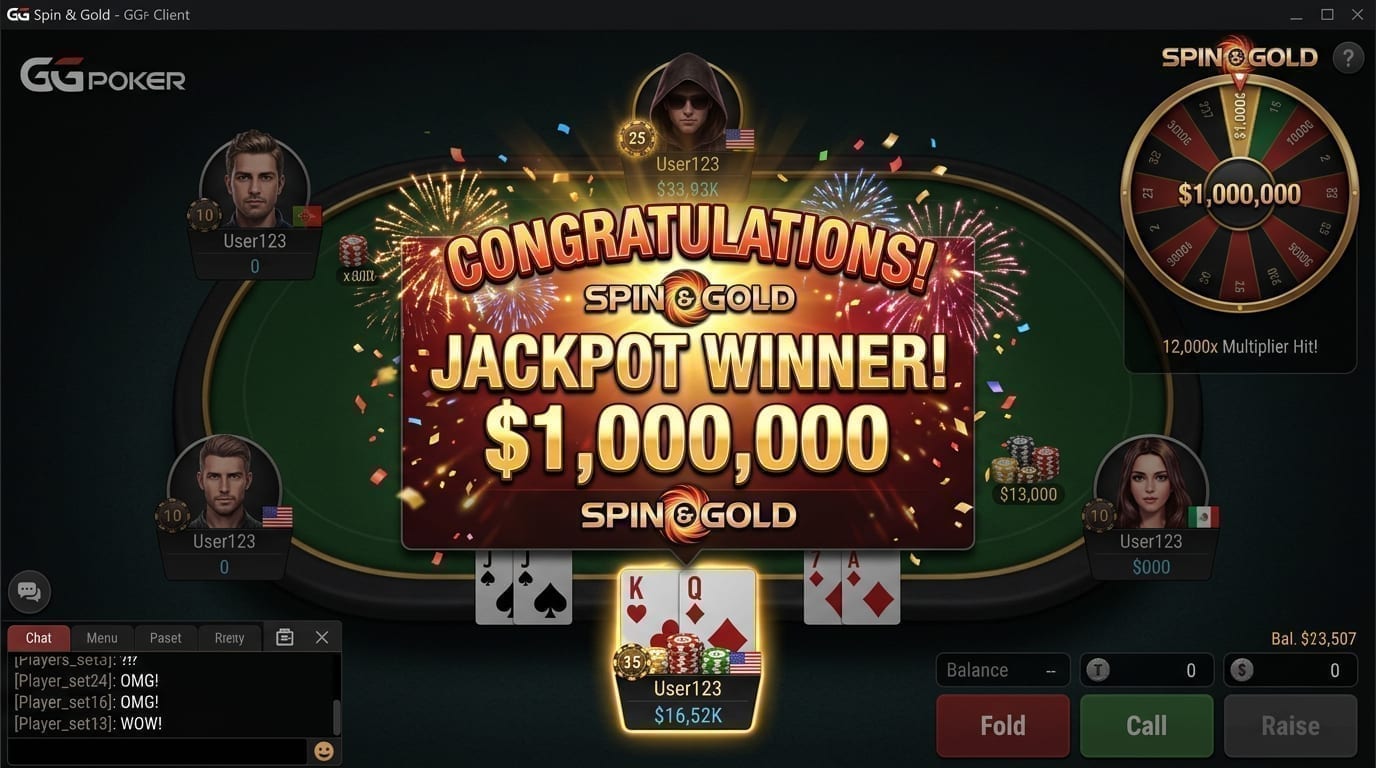 GGPoker Spin & Gold million dollar jackpot notification on screen