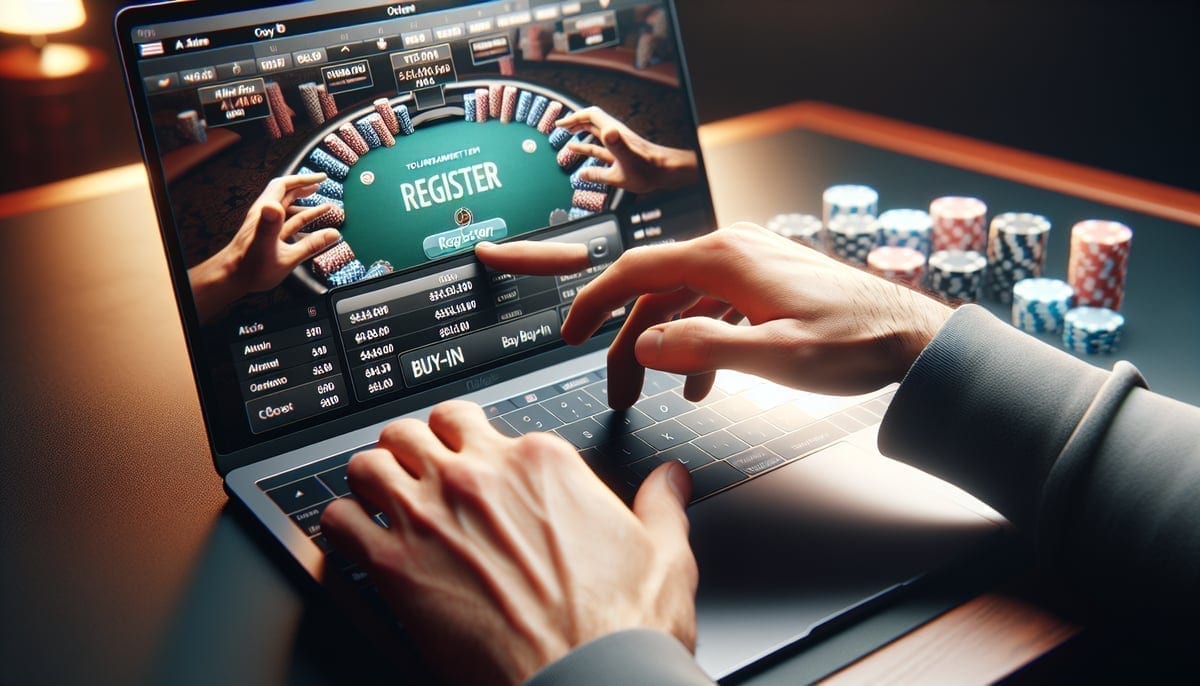 Player registering for online satellite tournament on laptop