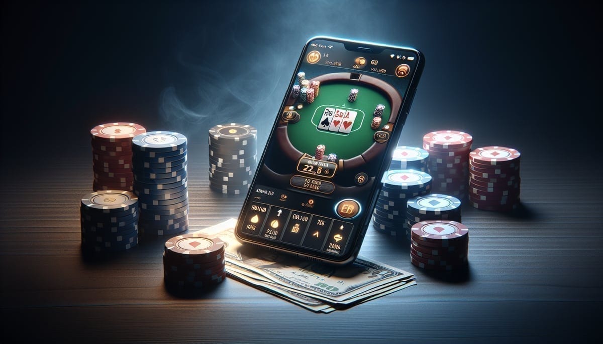 Mobile poker app displayed on smartphone next to traditional casino poker chips