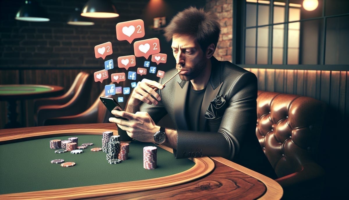 Player using mobile poker app with social features