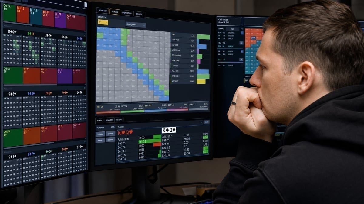 Professional poker player analyzing solver data on multiple screens
