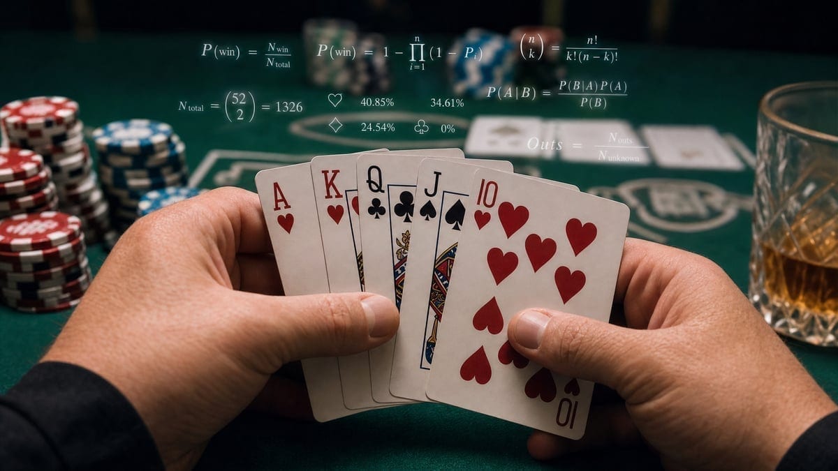 Player holding five hole cards with mathematical calculations overlay