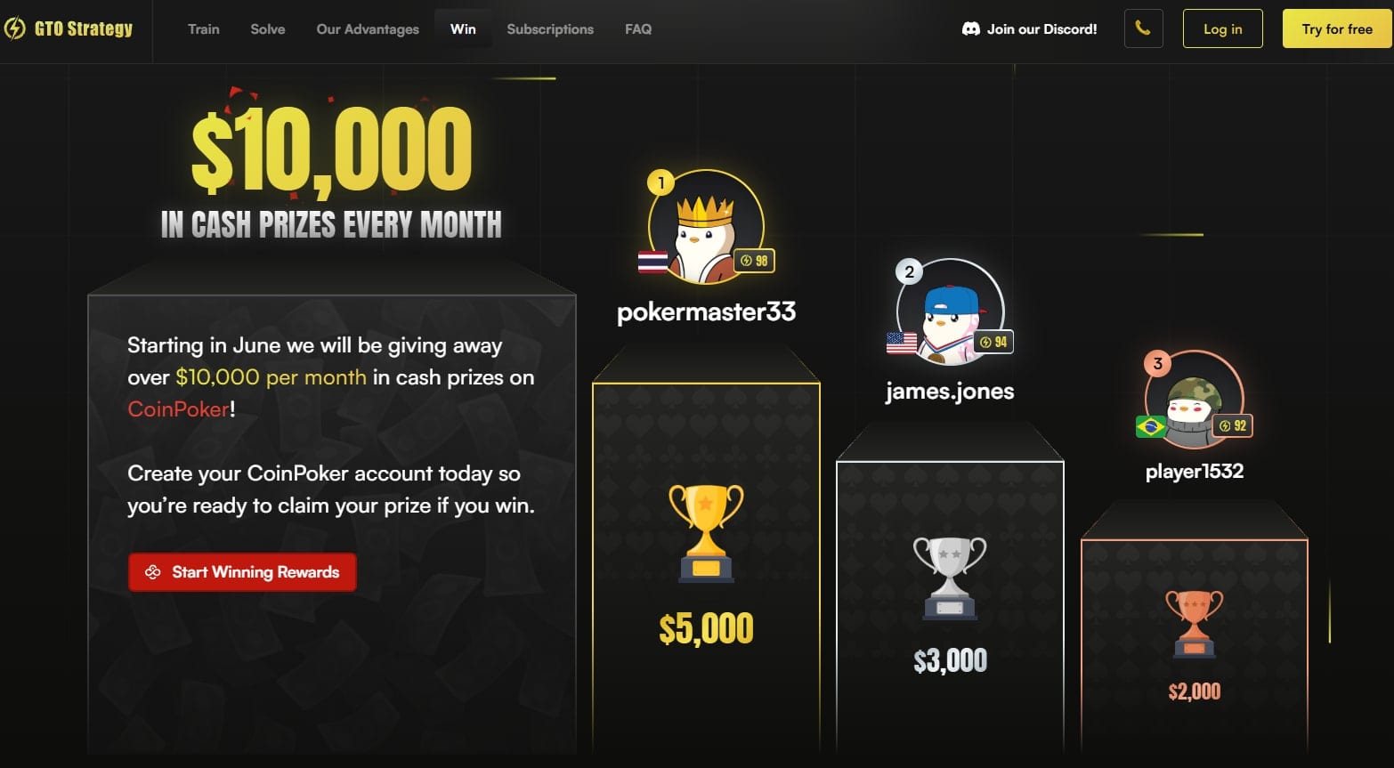 GTO Strategy competition page showing CoinPoker-linked monthly prizes