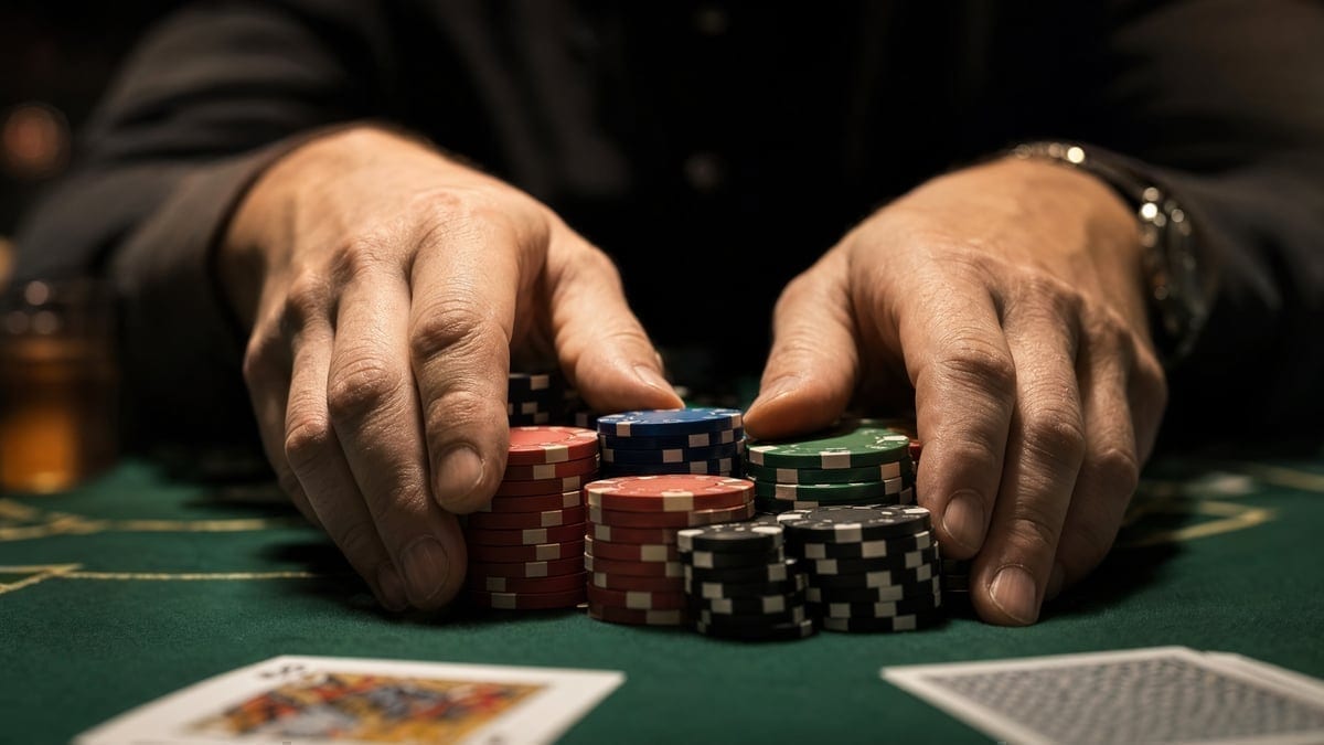 Poker chips being pushed across table during high stakes game