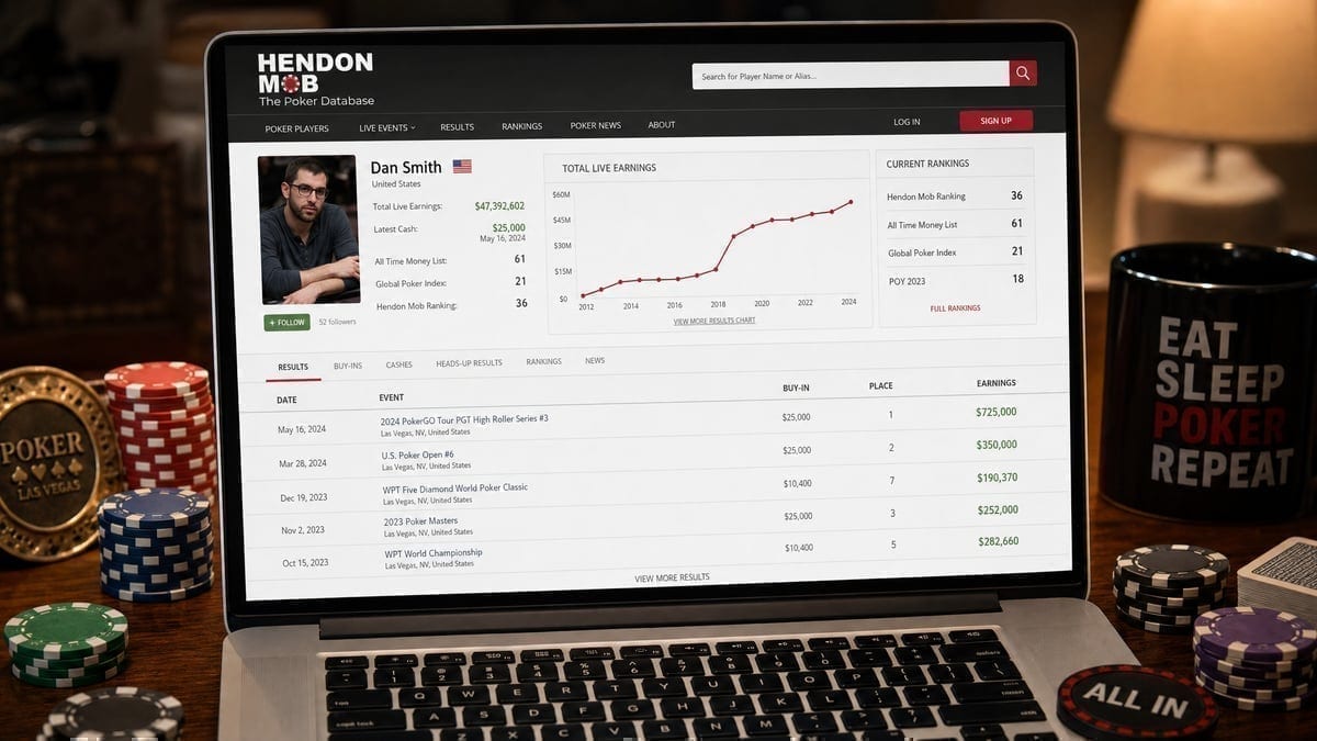 Computer displaying Hendon Mob tournament database
