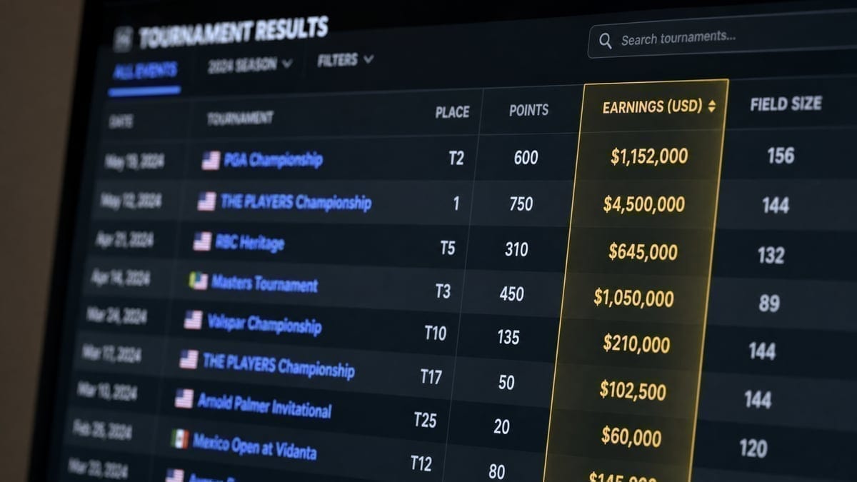 Computer screen displaying tournament earnings database