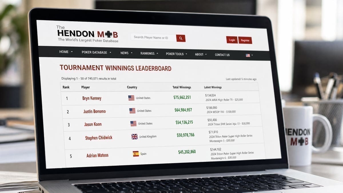 Hendon Mob database displaying tournament winnings on computer screen
